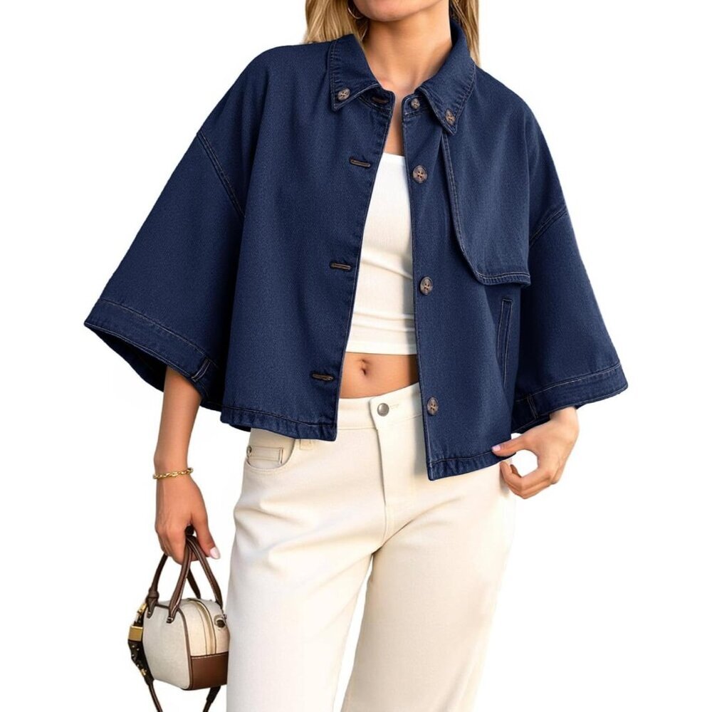 Women's Cropped Denim Jacket Casual Button Down Jean Shirt Shacket Pockets